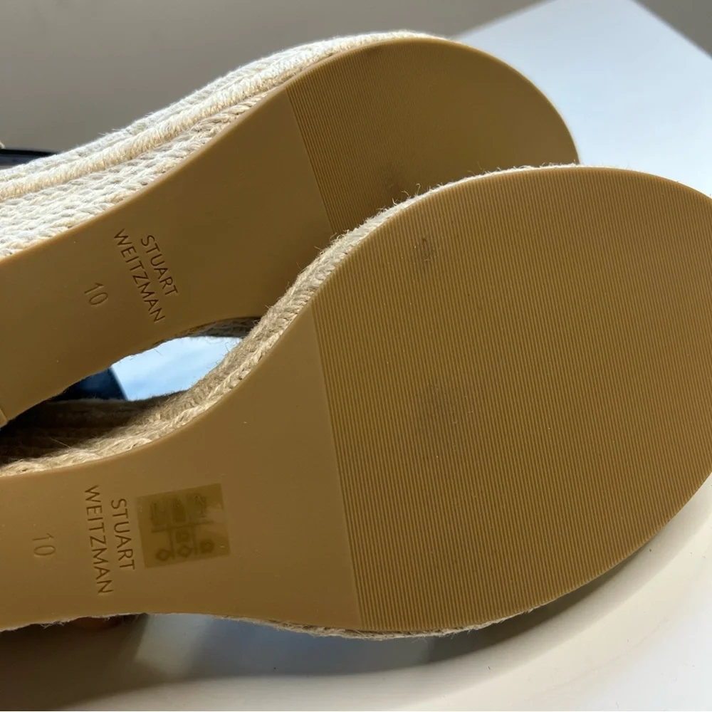 Stuart Weitzman Teddi Wedge Heel Leather Espadrille Sandals Womens 9.5 Black New